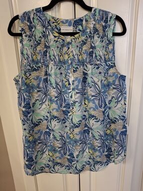 Liz Claiborne Blue & Aqua Floral Sleeveless Smocked Yoke Top